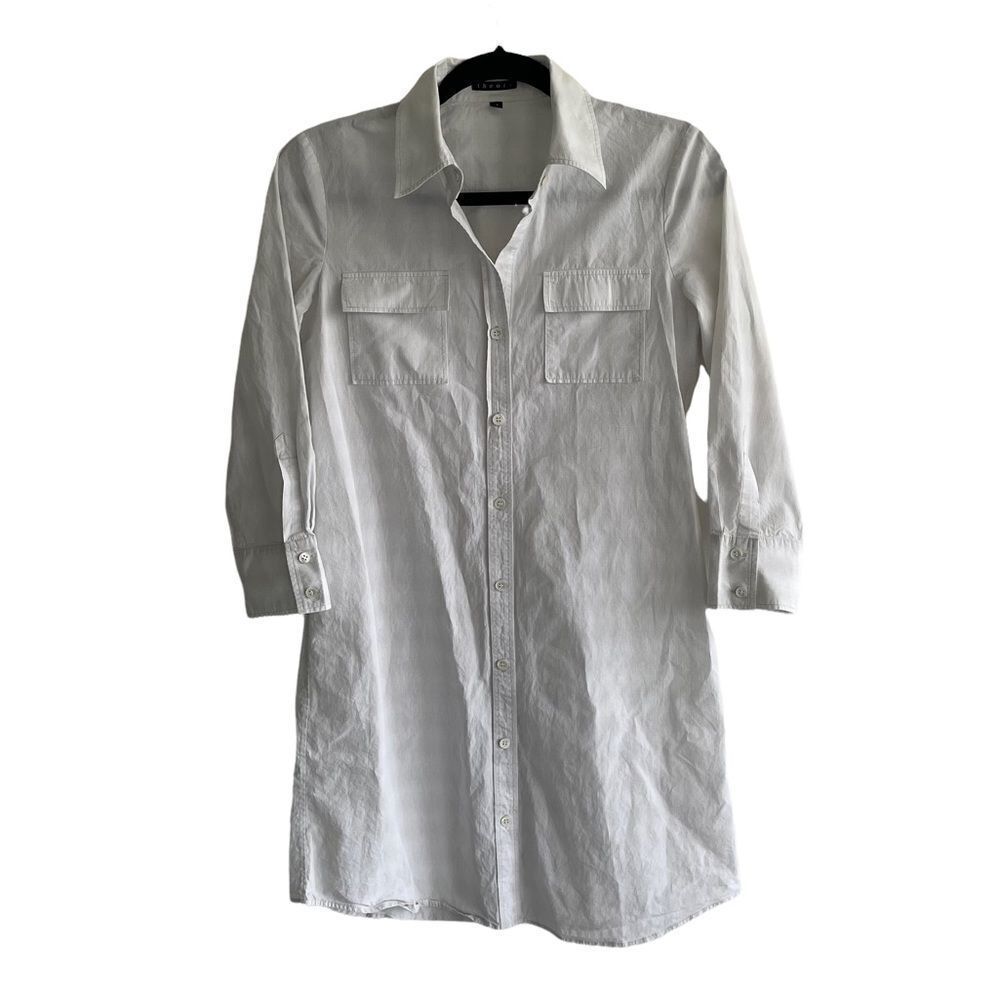 THEORY Cotton Button Front Long Sleeve Mini Shirtdress White Tan 4